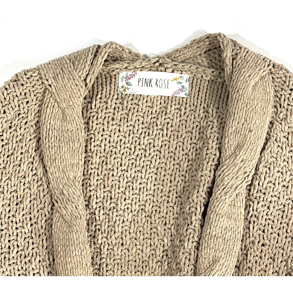 Pink Rose Beige Cable Knit Cardigan Sweater Small Open Front Longline Pockets - Picture 5 of 13